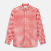 View 1 of product The Turnbull & Asser Burgundy Multi Check Cotton Weekend Fit Hayne Shirt is a long-sleeve style with a Dorset collar and red-and-white gingham checks, shown laid flat on a white background.