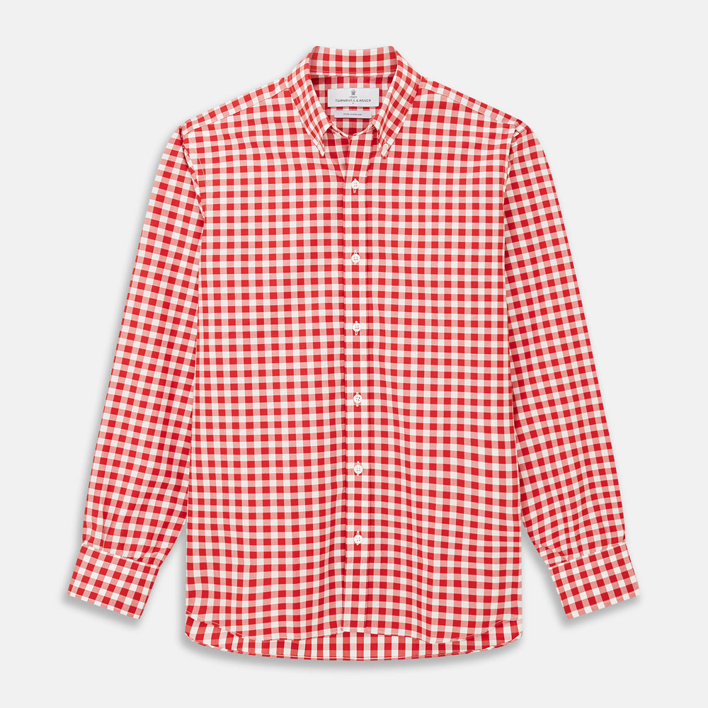 The Turnbull & Asser Burgundy Multi Check Cotton Weekend Fit Hayne Shirt is a long-sleeve style with a Dorset collar and red-and-white gingham checks, shown laid flat on a white background.