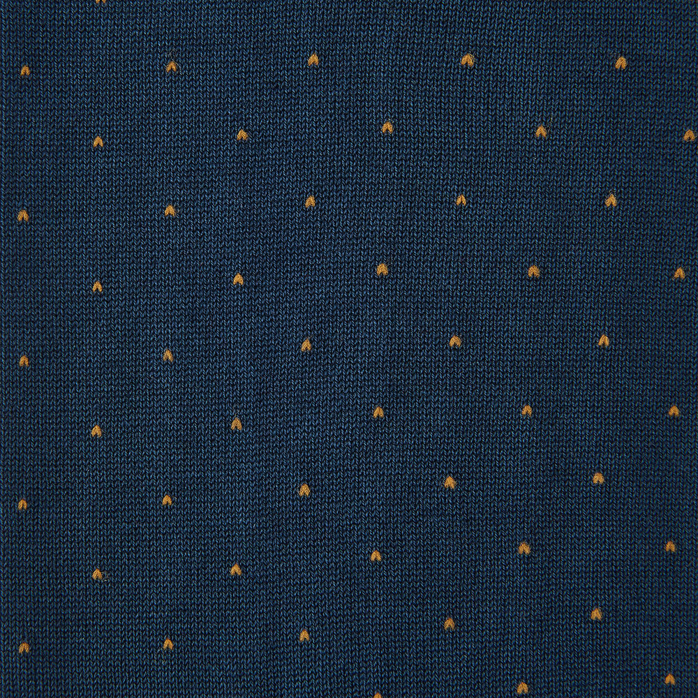 A single Blue and Gold Polka Dot Cotton Mid-length Sock by Turnbull & Asser is shown upright on a white background, displaying its navy blue color with small gold polka dots.