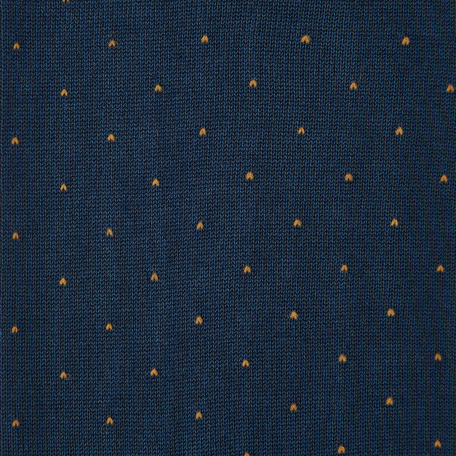 View 2 of product A single Blue and Gold Polka Dot Cotton Mid-length Sock by Turnbull & Asser is shown upright on a white background, displaying its navy blue color with small gold polka dots.