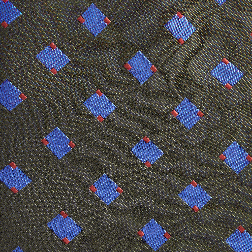 The Turnbull & Asser Dark Green and Blue Tile Silk Tie showcases a classic tile pattern with blue and red squares on herringbone fabric.