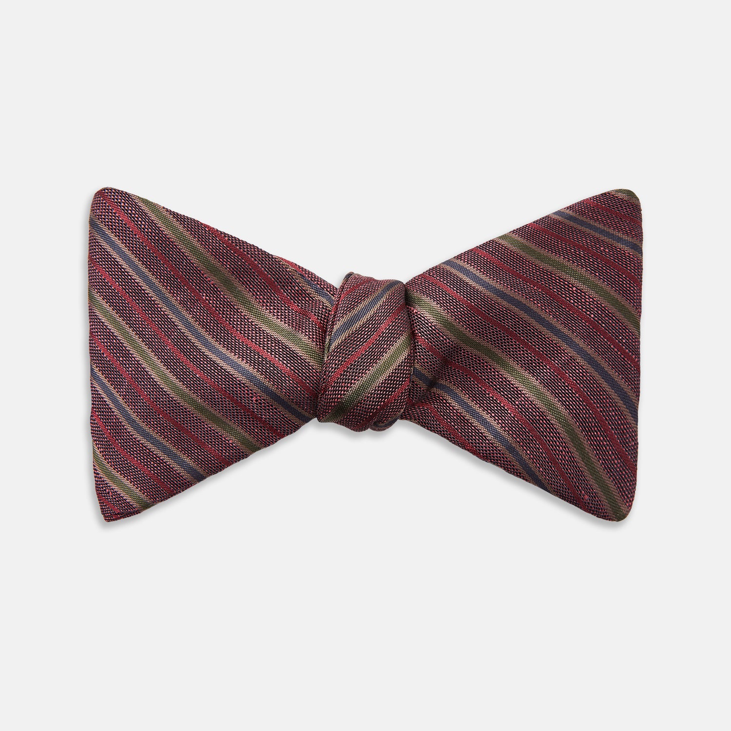 View 1 of product The Turnbull & Asser Claret and Green Multi Stripe Silk and Linen Bow Tie features diagonal stripes in red, beige, and green, shown on a plain white background.