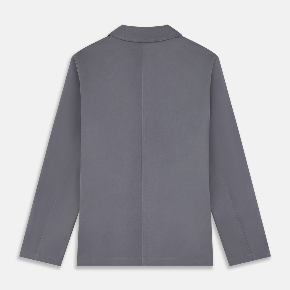 The Turnbull & Asser Charcoal Grey Organic Cotton Blend Remy Chore Jacket features a collar, button-up front, and four front pockets—two chest, two waist—making it a versatile must-have for any men's wardrobe.