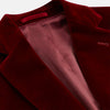 View 2 of product The Turnbull & Asser Wine Velvet Barrington Blazer, tailored in Italy, features a deep red hue, notched lapel, two front buttons, three pockets, and cuff button details. Shown against a plain white background.