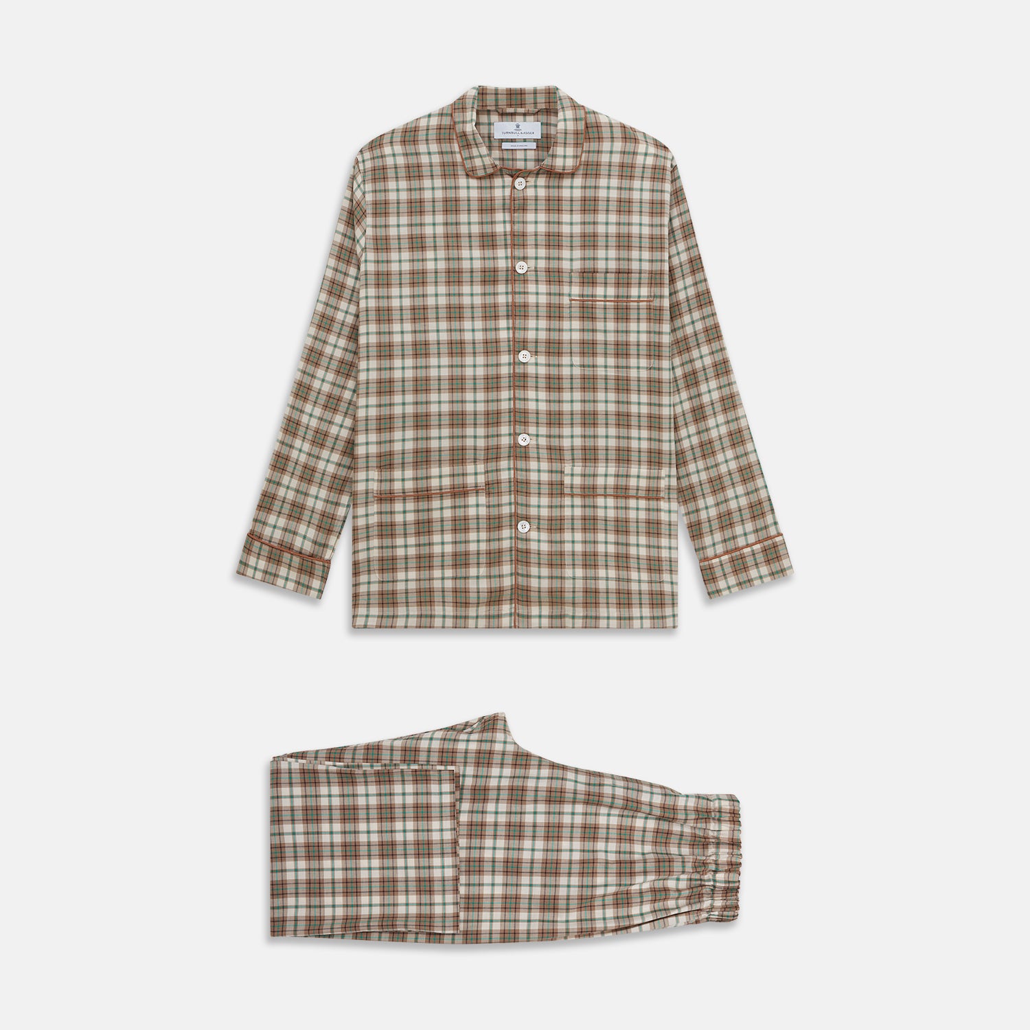 View 1 of product The Green and Oatmeal Cotton Hyde Pyjamas Set by Turnbull & Asser features a modern fit and comfortable drawstring waist trousers—perfect cotton sleepwear for relaxing nights.