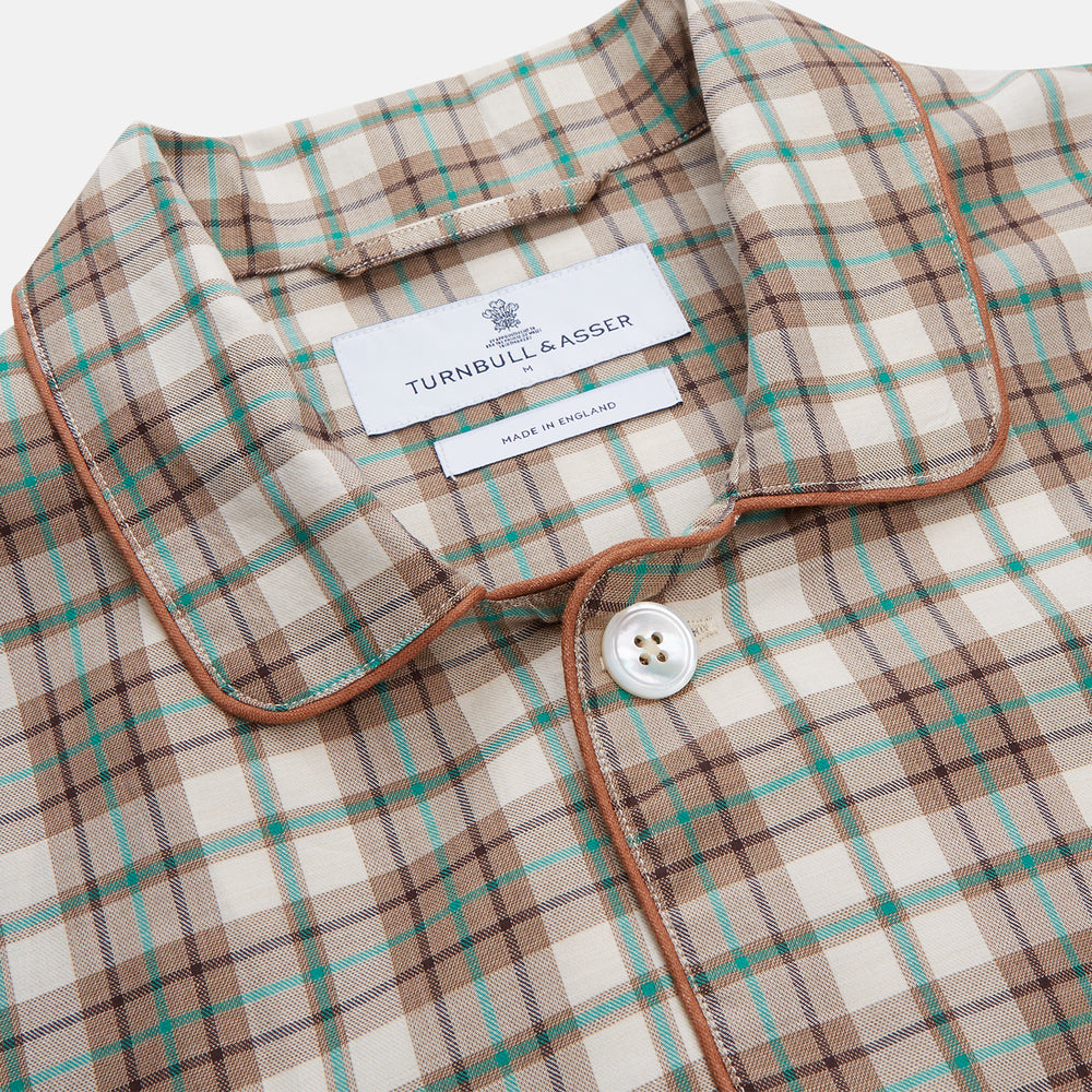 The Green and Oatmeal Cotton Hyde Pyjamas Set by Turnbull & Asser features a modern fit and comfortable drawstring waist trousers—perfect cotton sleepwear for relaxing nights.