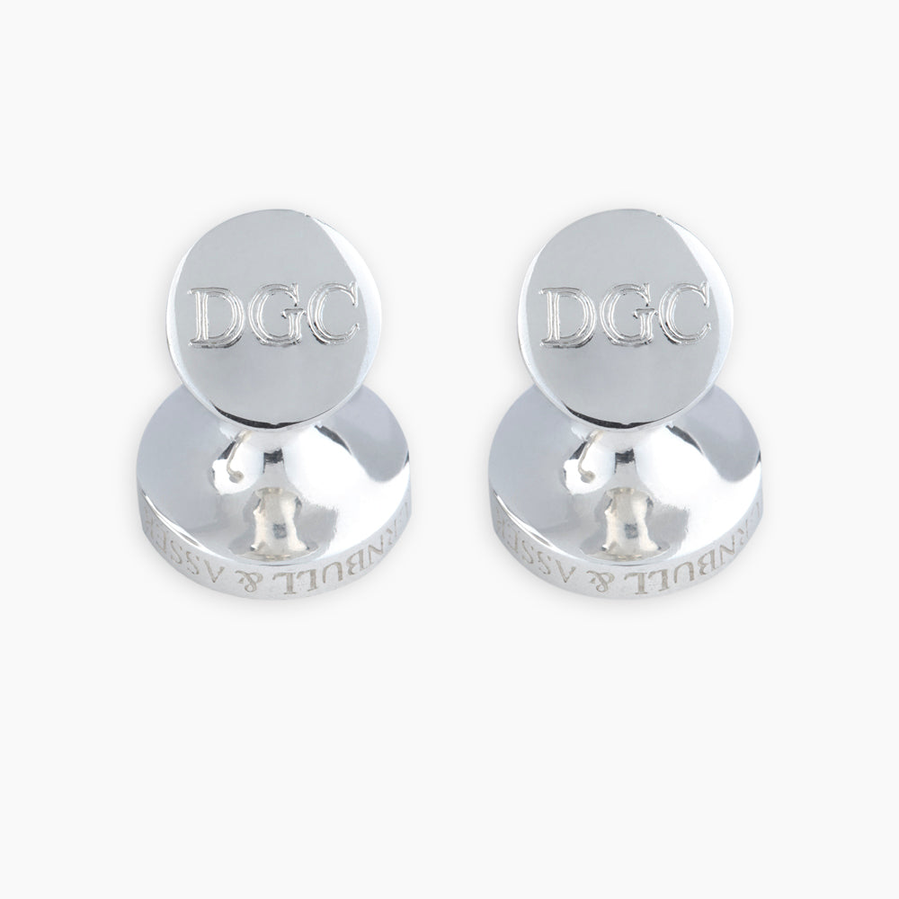 Turnbull & Asser Monogrammed Smoke Sterling Silver Mother-of-Pearl Button Cufflinks feature round, button-shaped design with a black and gray iridescent center and a four-hole pattern.