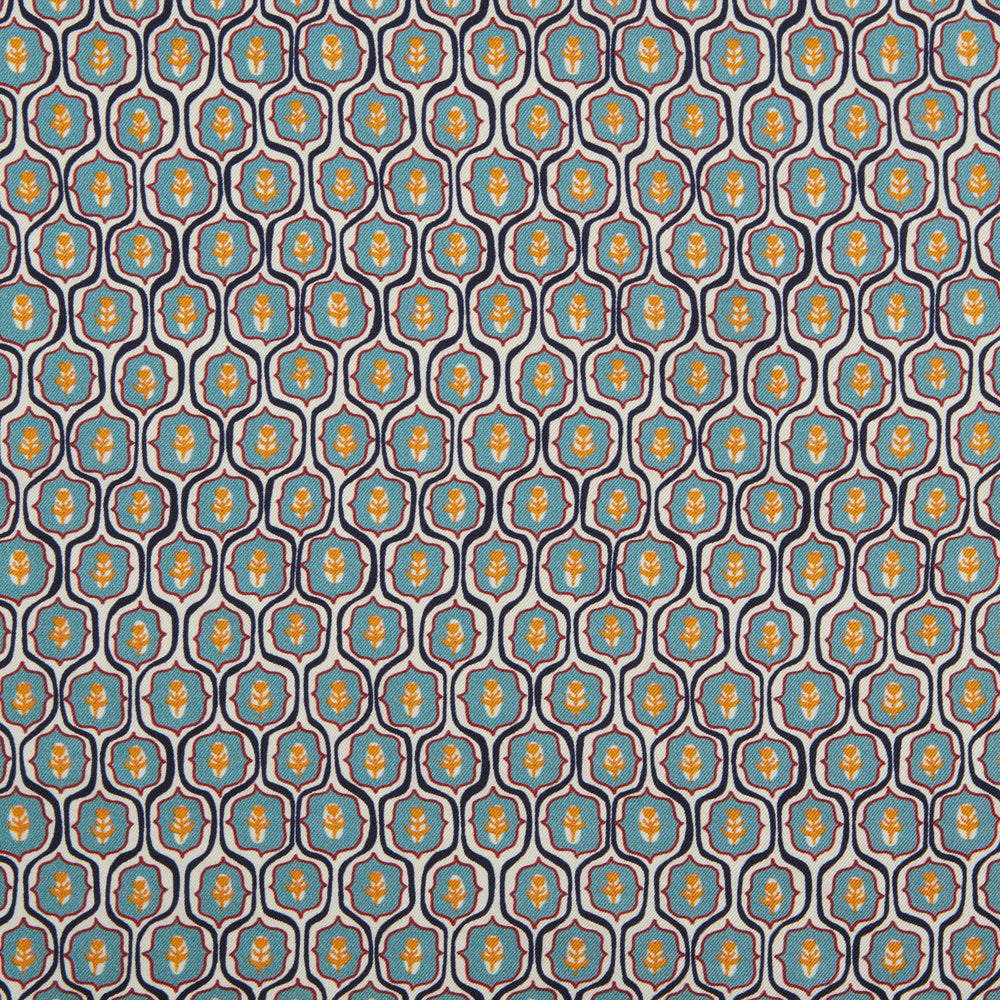 The Turquoise Flower Bloomsbury-Inspired Pattern Silk Pocket Square by Turnbull & Asser features a vibrant geometric floral motif with a turquoise border for a colorful, symmetrical accent.