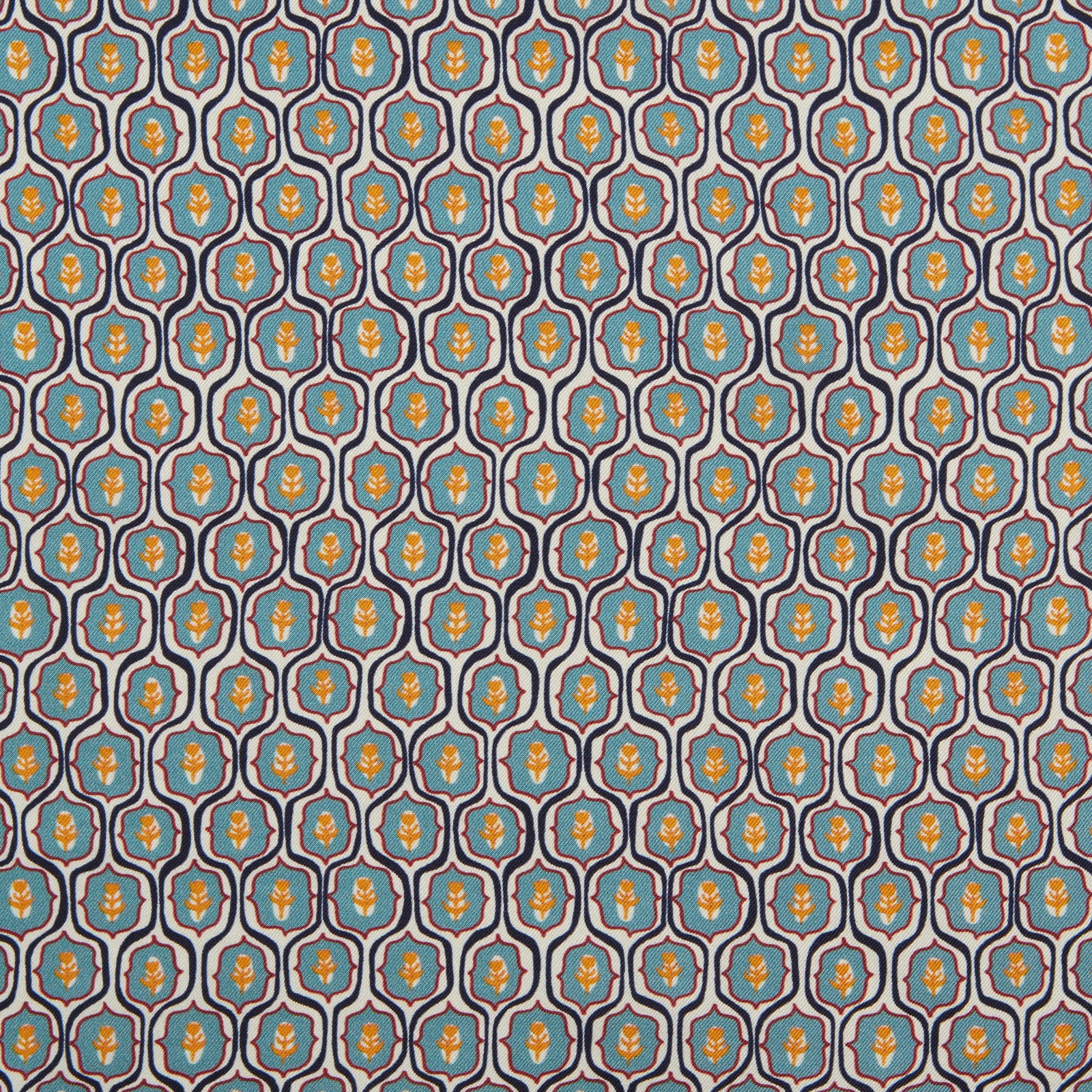 View 3 of product The Turquoise Flower Bloomsbury-Inspired Pattern Silk Pocket Square by Turnbull & Asser features a vibrant geometric floral motif with a turquoise border for a colorful, symmetrical accent.