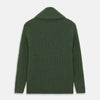 View 3 of product The Turnbull & Asser Serpentine Green Ribbed Cashmere Ainsley Cardigan features a button-up front, two pockets, and a shawl collar, shown laid flat on a white background.