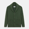 View 1 of product The Turnbull & Asser Serpentine Green Ribbed Cashmere Ainsley Cardigan features a button-up front, two pockets, and a shawl collar, shown laid flat on a white background.