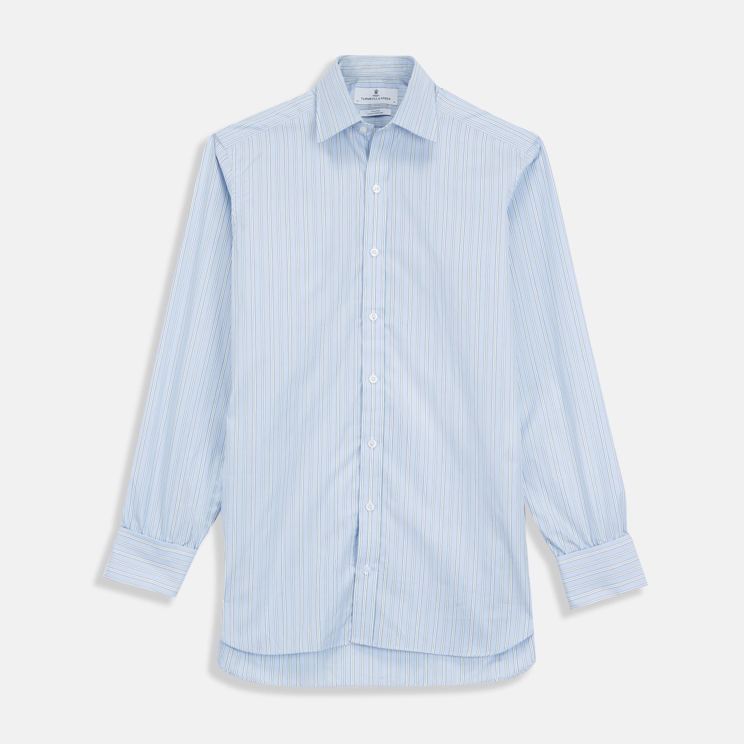 View 1 of product The Turnbull & Asser Blue and White Fine Stripe Shirt features a T&A collar, 3-button cuffs, and a regular fit with long sleeves—ideal for smart-casual looks, displayed against a plain white background.