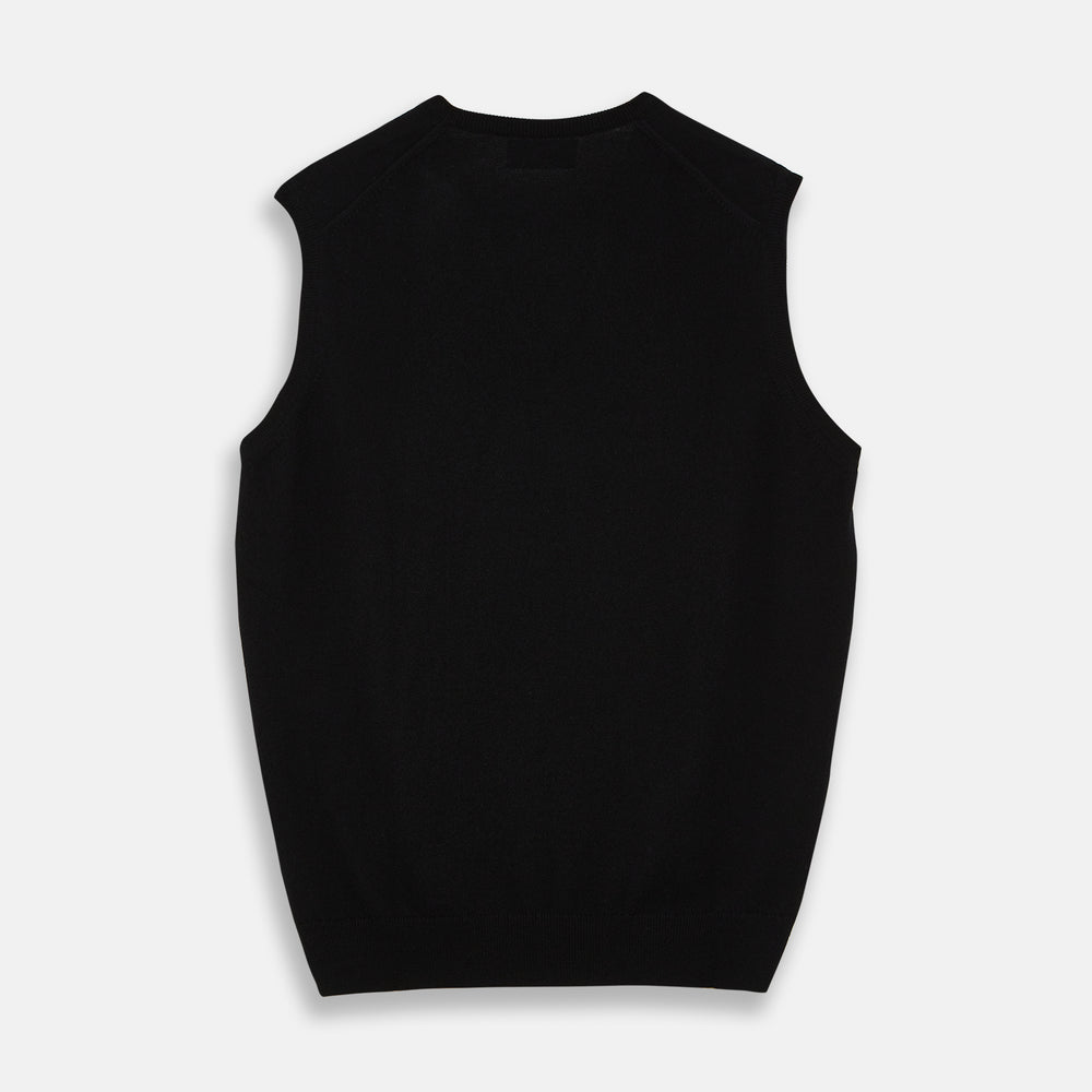 The Turnbull & Asser Black Cashmere Slipover, a sleeveless V-neck sweater vest made from pure cashmere, is shown flat against a white background.