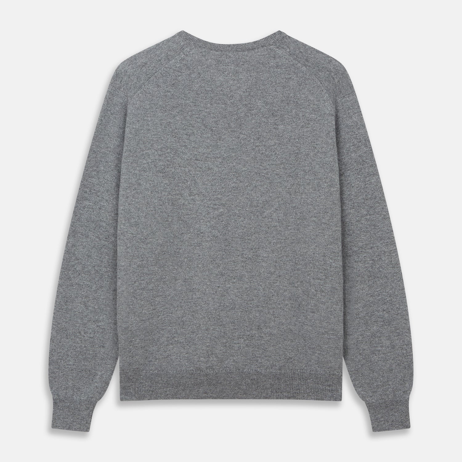 View 3 of product The Turnbull & Asser Flannel Grey V-Neck Cashmere Jumper, shown laid flat on a white background, features long sleeves and ribbed cuffs, hem, and neckline for a classic look with no visible patterns or embellishments.