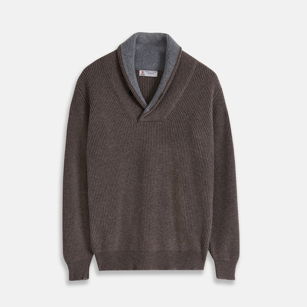 Taupe and Mid-Grey Shawl Collar Cashmere Jumper