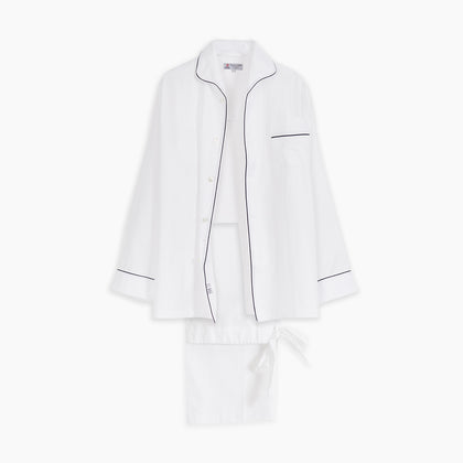 White Herringbone Piped Superfine Cotton Pyjama Set Image 2