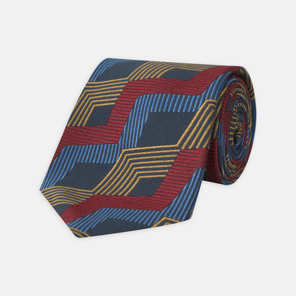Navy, Red and Gold Zig Zag Silk Tie