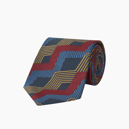 Navy, Red and Gold Zig Zag Silk Tie Image 3
