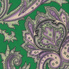 View 3 of product The Turnbull & Asser Green and Purple Large Paisley Printed Silk Tie features a light purple and white intricate paisley pattern, rolled up and set against a plain white background for timeless style.