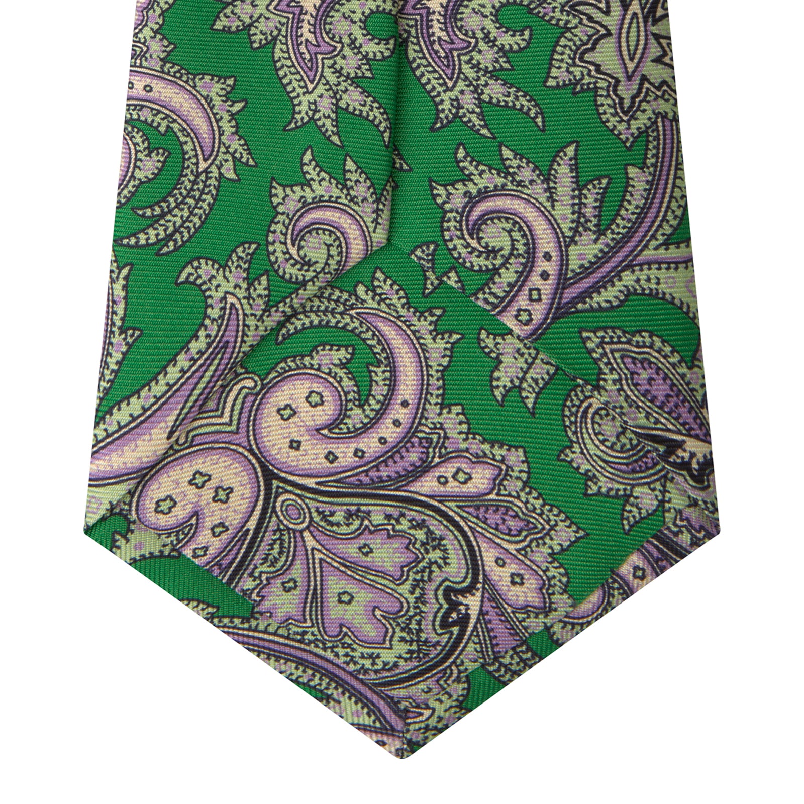 View 4 of product The Turnbull & Asser Green and Purple Large Paisley Printed Silk Tie features a light purple and white intricate paisley pattern, rolled up and set against a plain white background for timeless style.