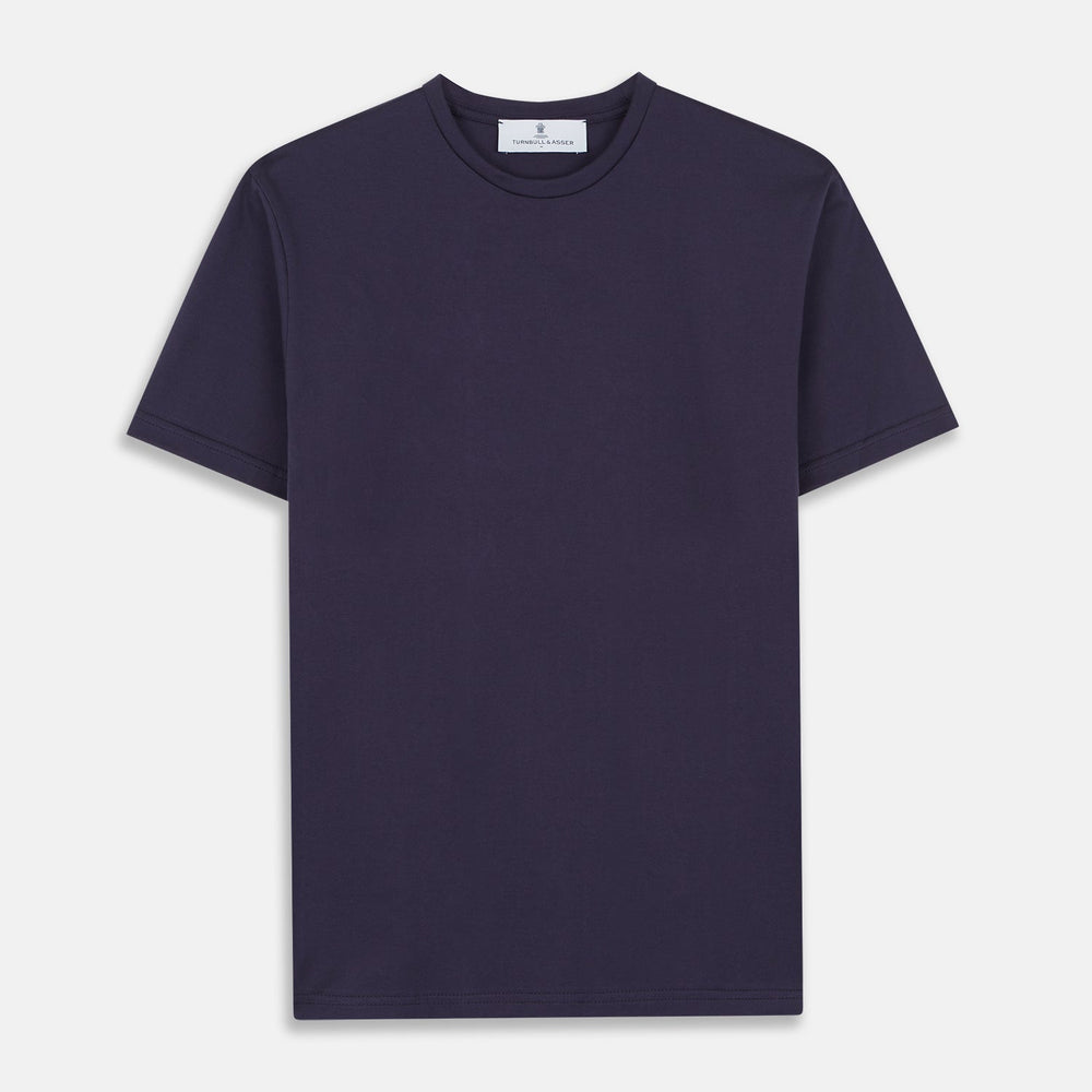 The Turnbull & Asser Navy Davey Cotton T-Shirt, made from fine-gauge jersey fabric, features short sleeves, a crew neck, and a small white tag with text inside the back collar, displayed flat on a white background.