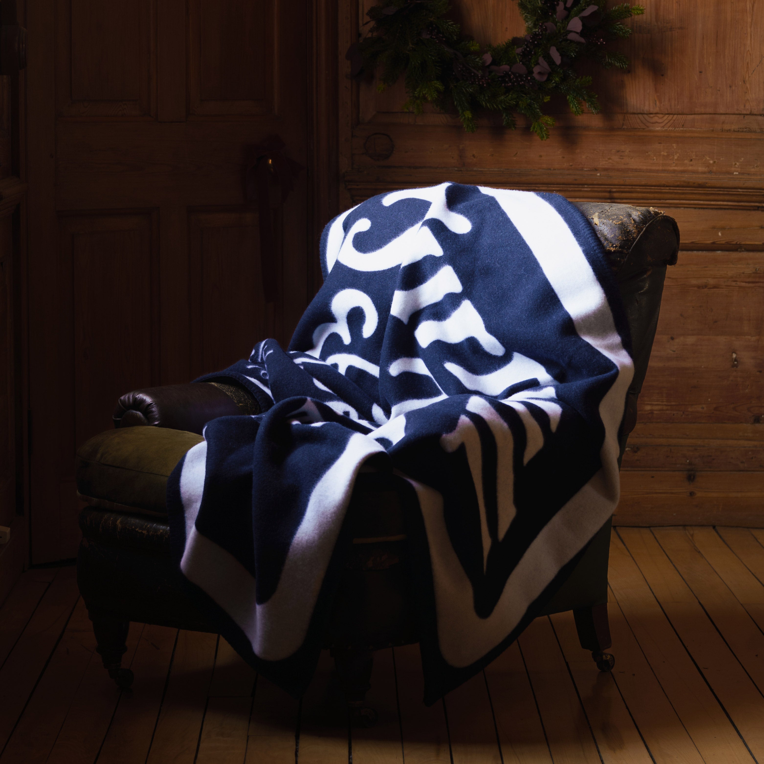 Cream and Navy Jermyn St. Lambswool and Cashmere Woven Blanket