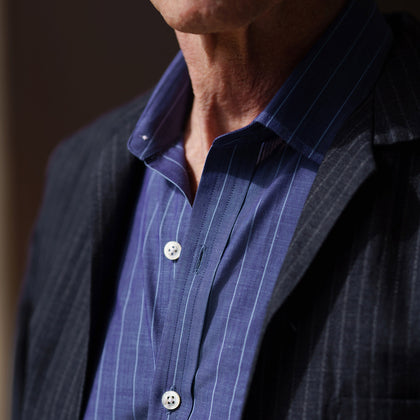 Blue Stripe Weekend Fit Nevis Shirt with Derby Collar and 1-Button Cuffs