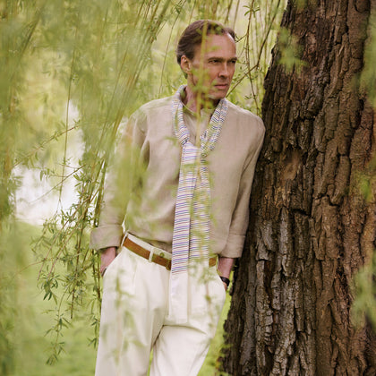 Beige Weekend Fit Linen Blake Shirt with Stand Collar and 1-Button Cuffs