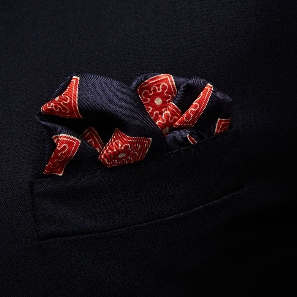 Navy and Cherry Red Tiled Floral Silk Pocket Square