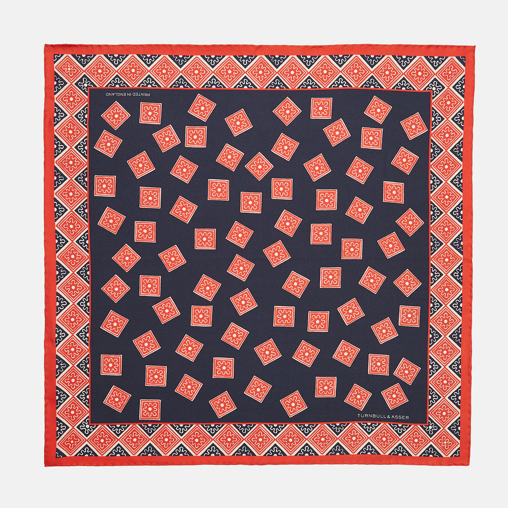 Navy and Cherry Red Tiled Floral Silk Pocket Square