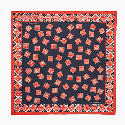 Navy and Cherry Red Tiled Floral Silk Pocket Square Image 3