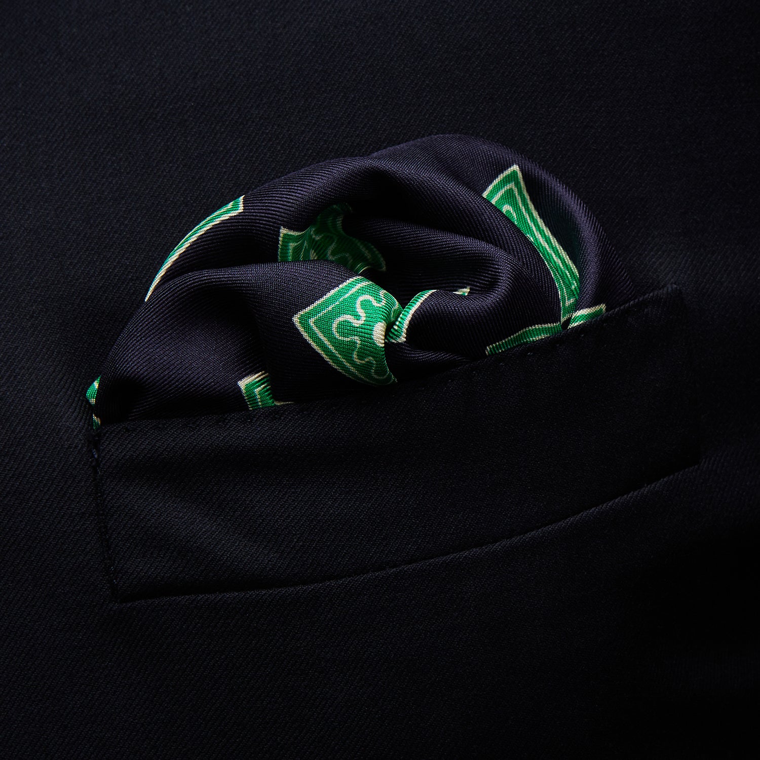 Navy and Kelly Green Tiled Floral Silk Pocket Square