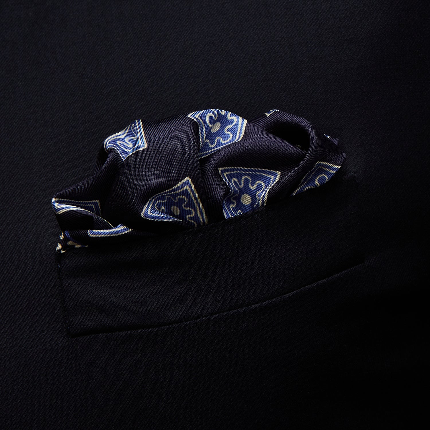 Navy and Sky Blue Tiled Floral Silk Pocket Square