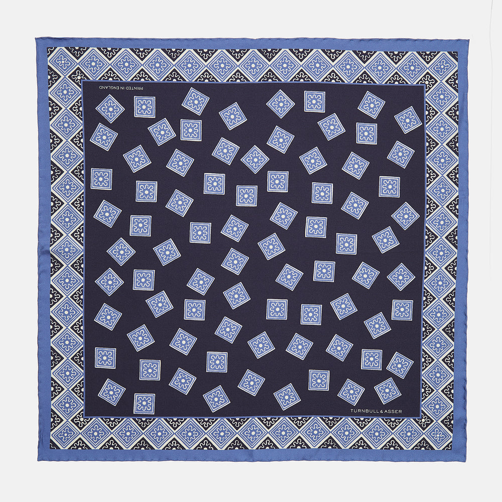 Navy and Sky Blue Tiled Floral Silk Pocket Square
