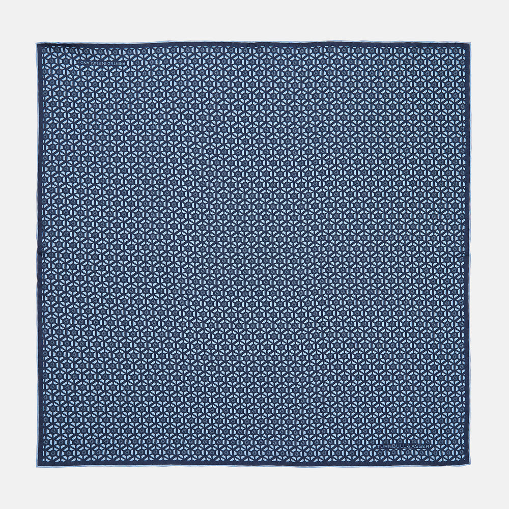 Navy Hexagonal Print Silk Pocket Square