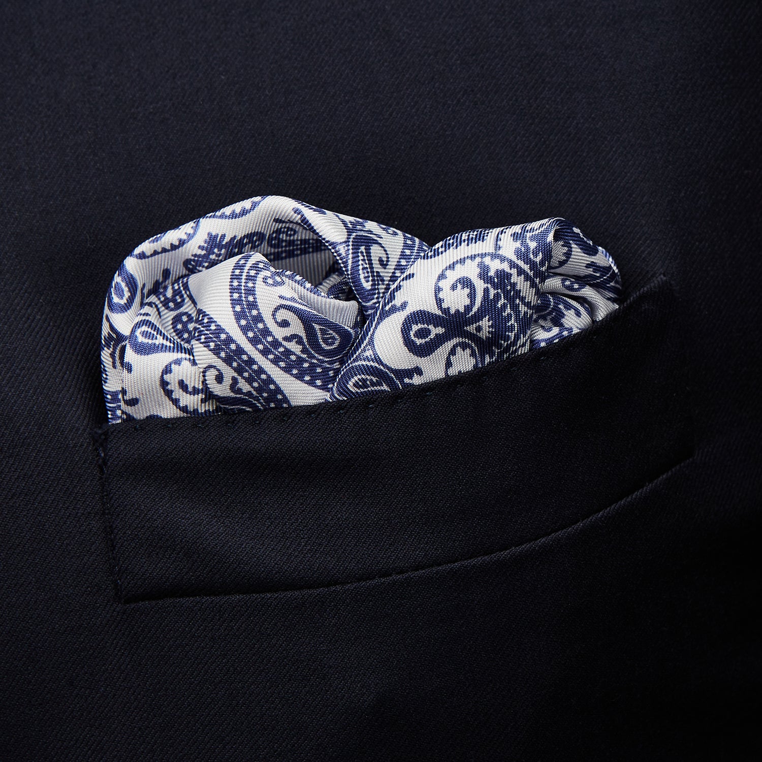 Navy & White Medallion Flower Print Pocket Square