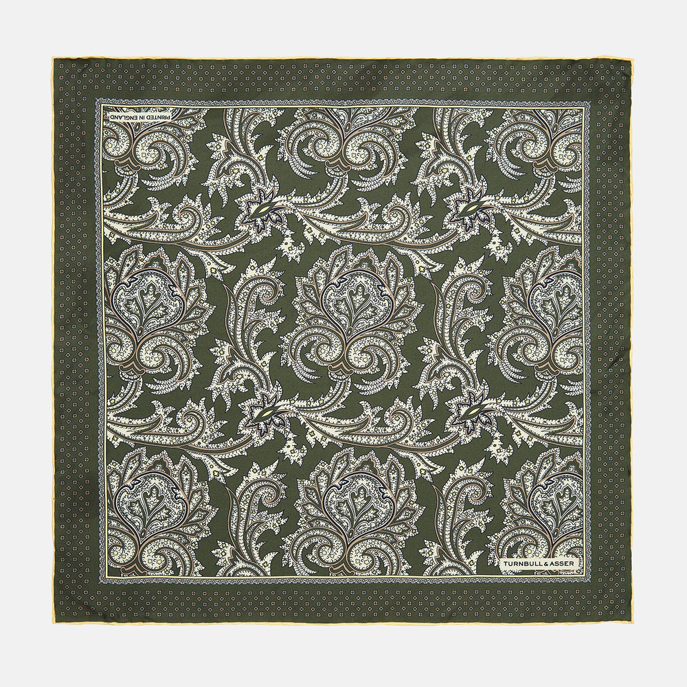 Olive Paisley Petal Print Silk Pocket Square