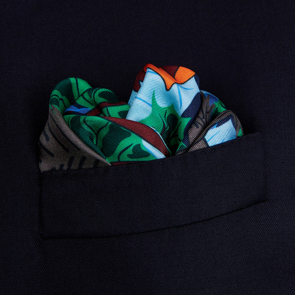 Navy Squirrel Print Silk Pocket Square