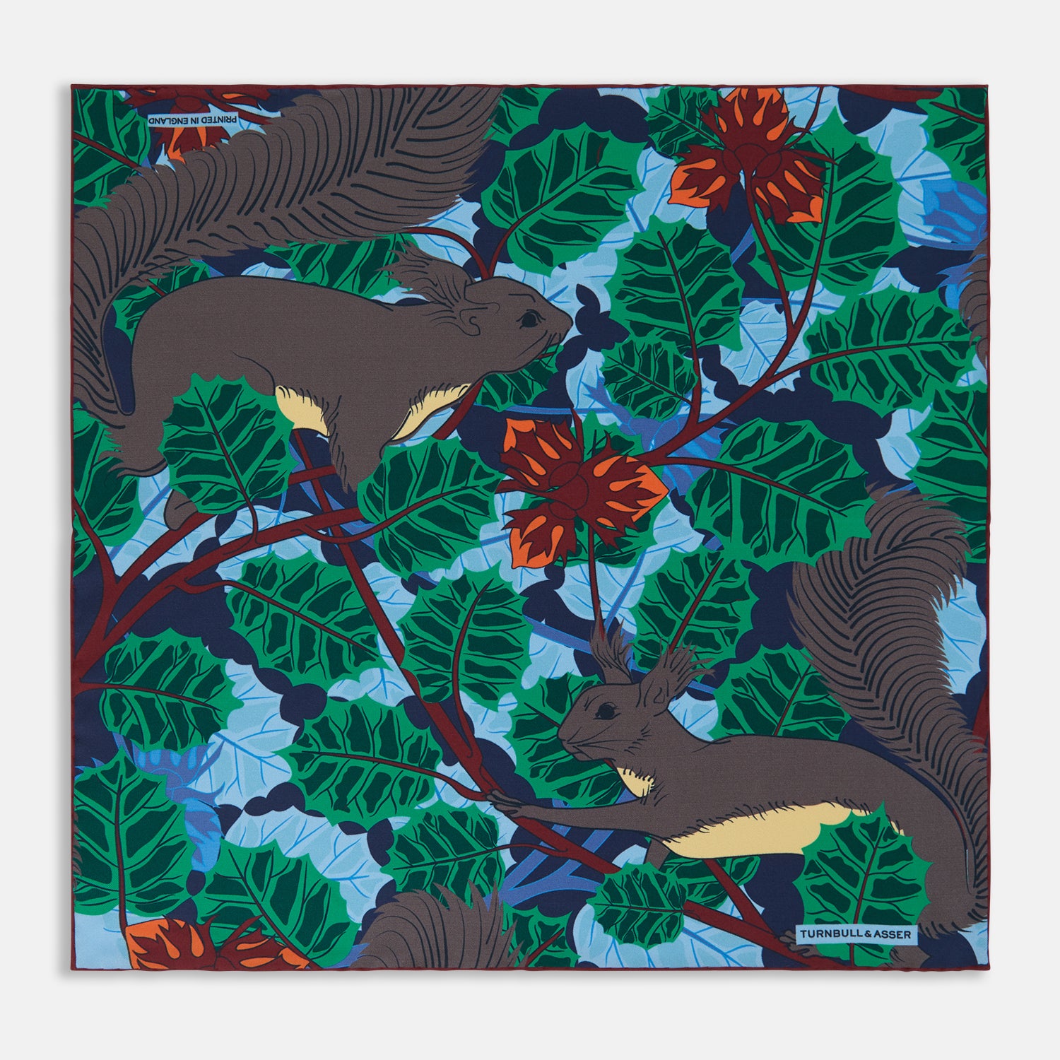 Navy Squirrel Print Silk Pocket Square