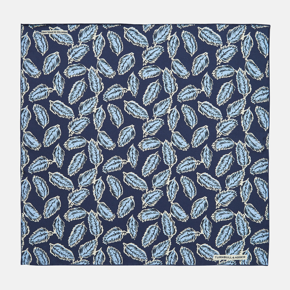 Navy Abstract Feather Print Silk Pocket Square