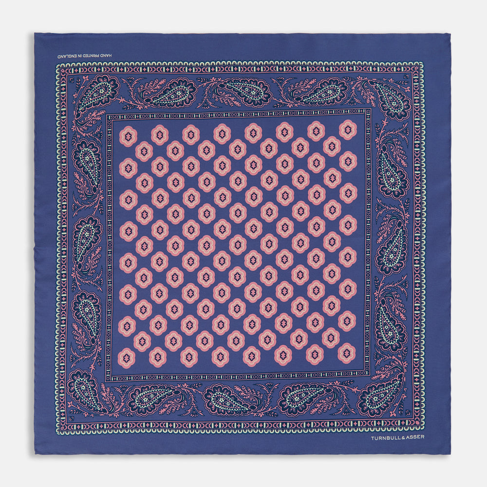 Navy Paisley Vine Print Silk Pocket Square