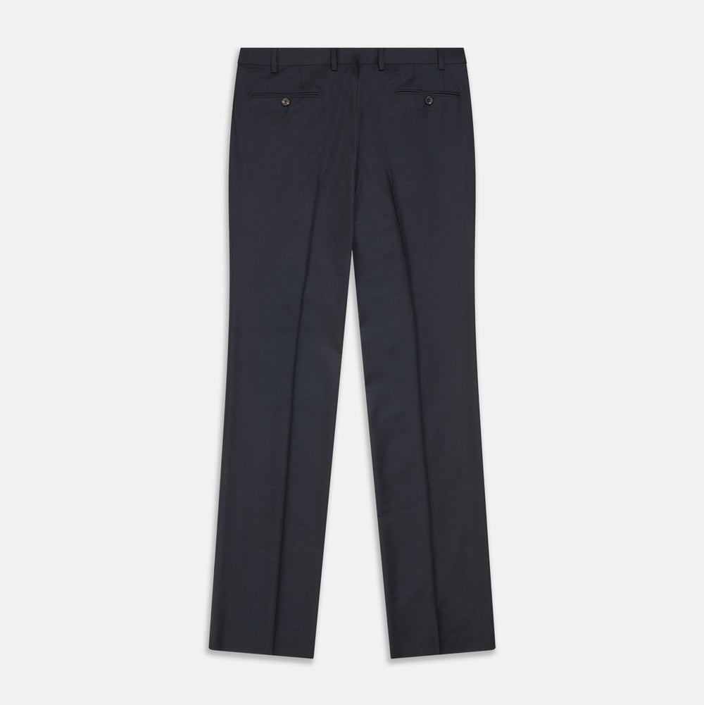 The Navy Wool Pleated Jasper Trouser by Turnbull & Asser features lightweight wool, a button and zipper closure, front pockets, and straight legs, shown neatly pressed against a plain white background.