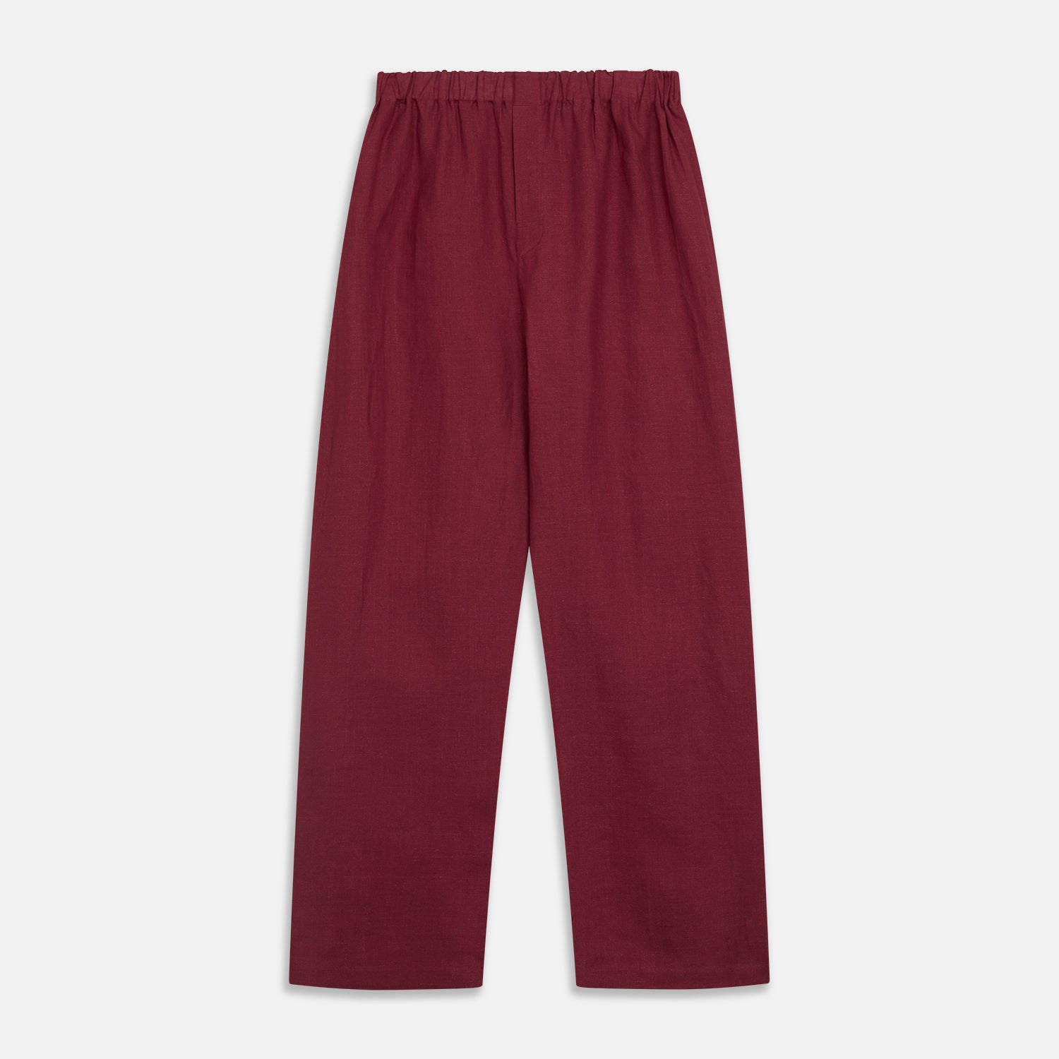 View 7 of product The Turnbull & Asser Burgundy Linen Modern Pyjama Set features a button-up, collared long-sleeve top with black piping and three pockets, plus matching pants with an elastic waistband.