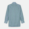 View 5 of product The Turnbull & Asser Green and Blue Fancy Check Regular Fit Shirt features a T&A collar and white buttons, displayed against a plain white background.