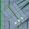 View 3 of product The Turnbull & Asser Green and Blue Fancy Check Regular Fit Shirt features a T&A collar and white buttons, displayed against a plain white background.