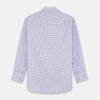 View 5 of product The Red Multi Blazer Check Regular Fit Mayfair Shirt by Turnbull & Asser features a T&A collar and long sleeves, showcasing a blue and red checkered pattern on white, set against a plain white backdrop.