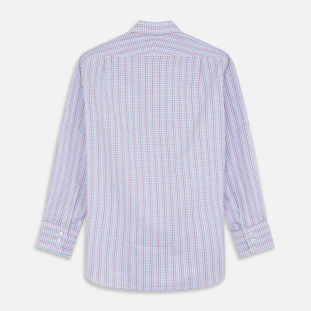 The Red Multi Blazer Check Regular Fit Mayfair Shirt by Turnbull & Asser features a T&A collar and long sleeves, showcasing a blue and red checkered pattern on white, set against a plain white backdrop.