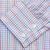 View 3 of product The Red Multi Blazer Check Regular Fit Mayfair Shirt by Turnbull & Asser features a T&A collar and long sleeves, showcasing a blue and red checkered pattern on white, set against a plain white backdrop.
