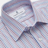 View 2 of product The Red Multi Blazer Check Regular Fit Mayfair Shirt by Turnbull & Asser features a T&A collar and long sleeves, showcasing a blue and red checkered pattern on white, set against a plain white backdrop.