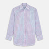 View 1 of product The Red Multi Blazer Check Regular Fit Mayfair Shirt by Turnbull & Asser features a T&A collar and long sleeves, showcasing a blue and red checkered pattern on white, set against a plain white backdrop.